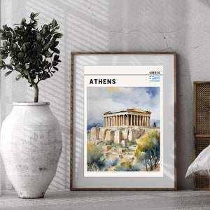 Athens Watercolor Illustration, Parthenon Print, Greece Travel Poster, Mediterranean Decor, Ancient Architecture, Greek History Wall Print
