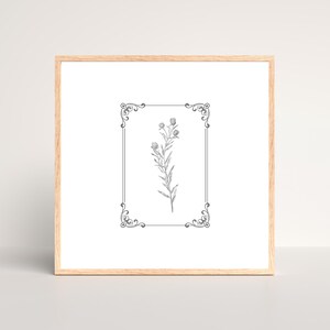 Op de afbeelding: Een zwart-witte lijntekening van een bloem met een decoratief kader. De bloem bevindt zich in het midden van de afbeelding en heeft een eenvoudig ontwerp.