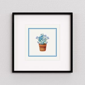Blue Flowers Watercolor Print – Terracotta Pot Botanical Art (Digital Download)
