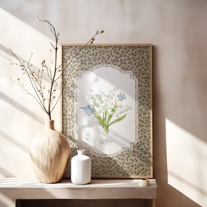 May Birth Flower Wall Art - Lily of the Valley & Forget Me Not - Vintage Floral Printable - Botanical Digital Download for Birthday Gift