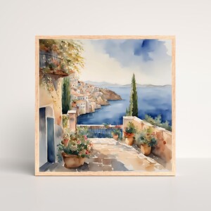 Coastal Italy Print - Mediterranean Watercolor Digital Wall Art,Sea View Art Print, Coastal Landscape, Mediterranean Decor, Vintage Painting