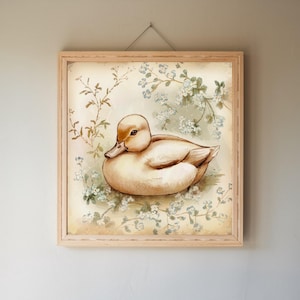Aquarell Ente Kinderzimmer Wandkunst - Babyzimmer Vintage mit floralen Akzenten, Cottagecore Stil, perfekt für das rustikale Bauernhaus und die Natur - Druck