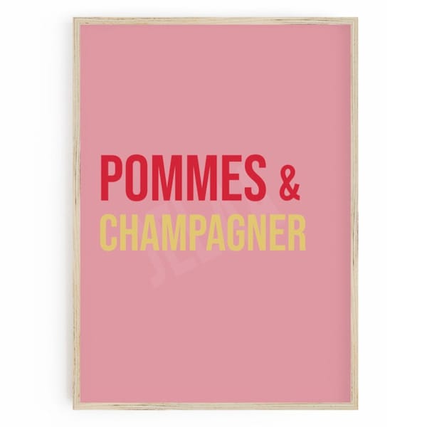 Poster - Pommes & Champagner, bunt, wand dekoration, bilderrahmen, küche, wohnzimmer, wohnen, knallige farben, pink, rosa