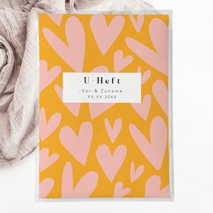 C: U-Heft + Impfpasshülle - Herzen senf orange rosa baby newborn geschenk geburt personalisiert mit namen bunt modern mädchen girl babyparty