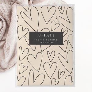 C: U-Heft + Impfpasshülle - Herzen schwarz beige baby kind mädchen junge schutzhülle personalisiert mit namen geschenk geburt babyparty