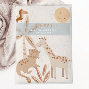 C: U-Heft + Impfpass Hülle Set - Safari Baby blau personalisiert Geschenk Geburt tiere animals beige schutzhülle newborn