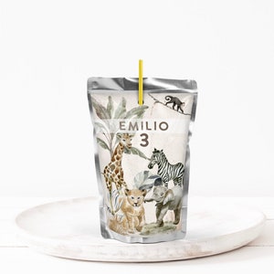 A: Trinkpäckchen Capri Sun - Safari // baby kinder geburtstag feiern party dekoration personalisierte Verpackungen Dschungel beige Löwe