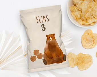 A: Chips Tüten - Bär // kindergeburtstag feiern personalisierte verpackungen party dekoration beige braun candy bar