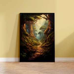 Puede incluir: Una pintura de un camino que atraviesa un bosque con árboles altos y una luz que brilla a través de la copa de los árboles.