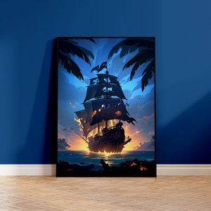 Poster stampato, nave pirata in fiamme sull'oceano, carta opaca