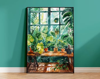 May include: A watercolor painting of a window with a view of a lush green indoor garden. The window is framed in black and the garden is filled with various plants in terracotta pots. The painting is set against a teal green wall.