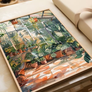 Puede incluir: Pintura a la acuarela de un interior de invernadero soleado, lleno de plantas en macetas. La obra de arte presenta un marco de madera y una c&aacute;lida paleta de colores verdes, marrones y naranjas. Es una ilustraci&oacute;n bot&aacute;nica.