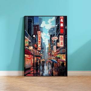 Poster della pioggia giapponese, poster di Tokyo Downpour Street, poster opaco