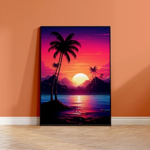 Cartel de Retrowave Sunset Palms - Synthwave Wall Art - Impresión mate A2, A3, A4