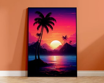 Cartel de Retrowave Sunset Palms - Synthwave Wall Art - Impresión mate A2, A3, A4