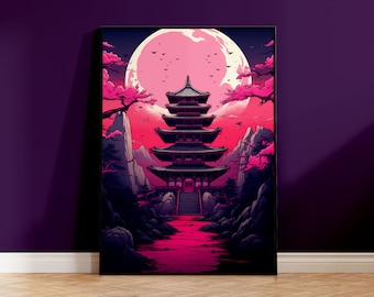 Póster Templo Japonés, Luna Llena, Anime, Póster Impreso sin Marco