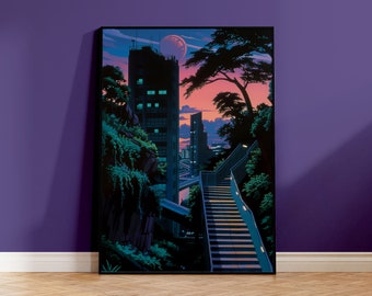 Staircase Art Print | City Park Art | Japan Landscape Print | Japan Sunset Illustration | Night Cityscape Print | Dusk City Art Print