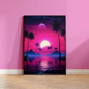 Cartel de Retrowave Tropical Moonrise - Synthwave Night Art - Impresión mate A2, A3, A4