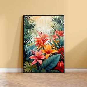 Puede incluir: Una pintura enmarcada que representa una escena tropical con flores vibrantes de color rojo, naranja y amarillo rodeadas de exuberantes hojas verdes.