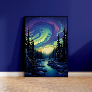 Poster Nordlichter, Schneebedeckter Kiefernwald, Hochwertiges Poster, Farbig, Rahmenlose gedruckte Wanddekoration