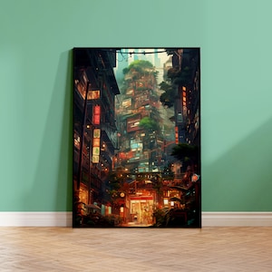 Poster del grattacielo cyberpunk, Giappone futuristico, poster di qualità, decorazione murale stampata senza cornice