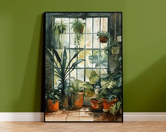 May include: A framed watercolor painting of a window with a view of a lush indoor garden. The window is divided into panes and has a black frame. The garden is filled with various plants in pots, including ferns, succulents, and leafy plants. The painting is set against a green wall.