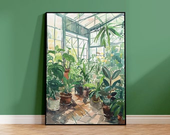 May include: A watercolor painting of a greenhouse filled with potted plants. The plants are various shades of green and are arranged in a symmetrical pattern. The greenhouse has a glass roof and walls, and the sunlight is shining through the glass.