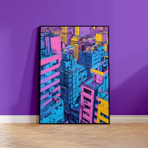 Arte de la ciudad Cyberpunk | Cartel ciberpunk | Arte de construcción Cyberpunk | Arte de construcción colorido