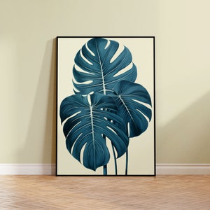 Monstera Deliciosa | Blue Tropical Leaves | Botanical Wall Art | Matte Print A2, A3, A4