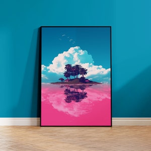 Poster in carta opaca, Vaporwave Art, Isola deserta sull'acqua rosa