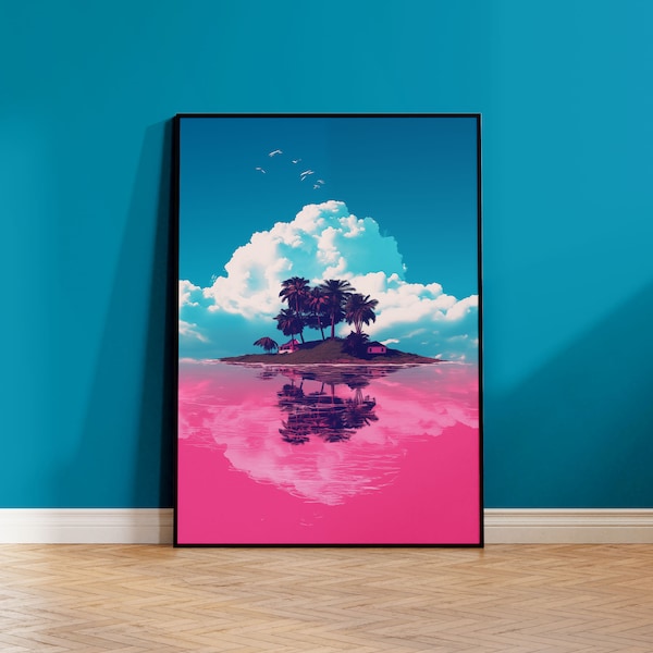 Poster papier mat, Art Vaporwave, Ile déserte sur une eau de couleur rose