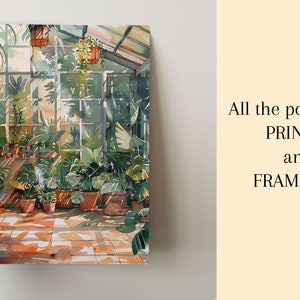 Puede incluir: Una impresi&oacute;n en acuarela de un interior de invernadero soleado, lleno de plantas en macetas. La obra de arte presenta una variedad de follaje verde y macetas de terracota, con el texto "All the posters are PRINTED and FRAMELESS".