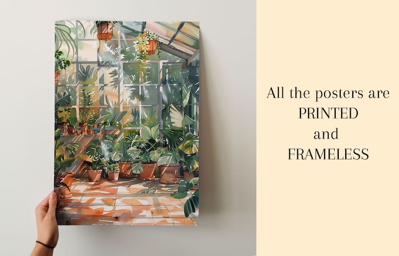 Puede incluir: Una impresi&oacute;n en acuarela de un interior de invernadero soleado, lleno de plantas en macetas. La obra de arte presenta una variedad de follaje verde y macetas de terracota, con el texto "All the posters are PRINTED and FRAMELESS".