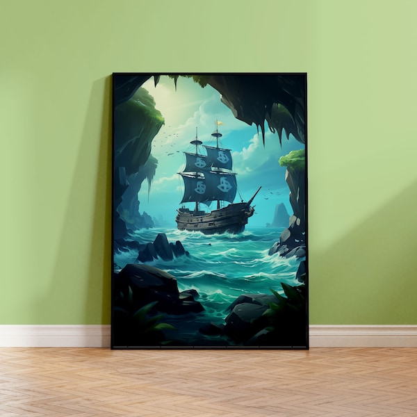 Pirate Ship Poster | Poster Cave of the Corsairs | Sea of Thieves Canvas