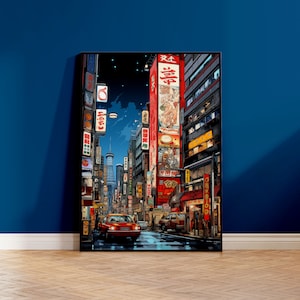 Callejón Nocturno Japonés con Cielo Estrellado Póster, Centro Ciudad, Pop Art Retro, Art Deco Mural