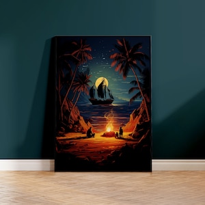 Poster stampato, nave pirata sull'acqua, falò sulla spiaggia, carta opaca