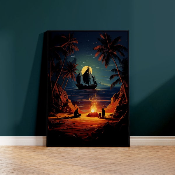 Gedrucktes Poster, Piratenschiff auf dem Wasser, Lagerfeuer am Strand, mattes Papier