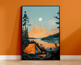 Tent Art Print | Night Camping Print | Camper Poster | Hiking Art Print | Outdoorsy Poster | Retro Camping Poster | Forest Camping Poster