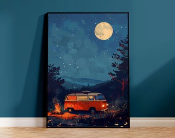 Night Camping Print | Camper Poster | Hiking Art Print | Outdoorsy Poster | Retro Camping Poster | Forest Camping Poster | Tent Art Print