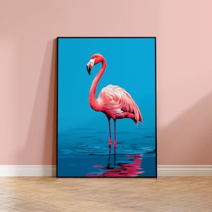 Stampa poster di un fenicottero rosa sull'acqua, carta opaca senza cornice, da appendere