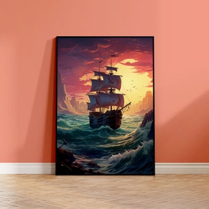 Poster di nave pirata, videogioco, tramonto sul mare al largo, brigantino nell'onda, stampa su carta
