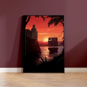 Cartel del atardecer de La Habana | Póster Edificio histórico | Barco de lona al atardecer