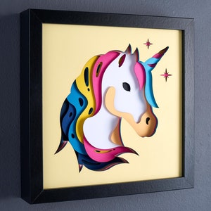 3D Unicórnio em camadas SVG para cartolina, corte de papel multicamadas, modelo de caixa de sombra de veado, Cricut, silhueta dxf, arquivo de corte de lua, arte de parede faça você mesmo