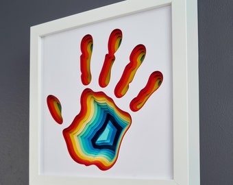 May include: A white framed picture with a colorful paper cutout of a hand. The hand is layered with shades of red, orange, yellow, green, blue, and teal.