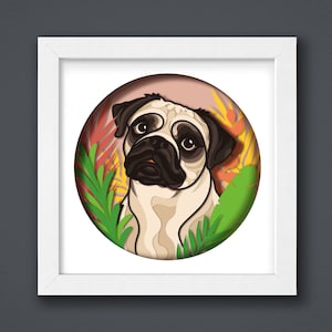 May include: A white pug dog with brown eyes and a black nose is surrounded by green, yellow, and orange paper leaves. The dog is looking directly at the viewer. The background is a light pink colour.