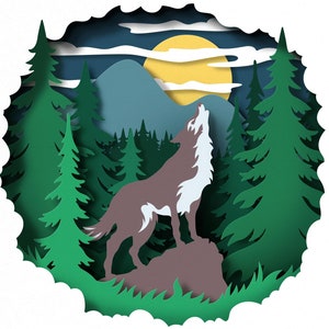 May include: A paper cut-out illustration of a howling wolf on a rock in a forest. The wolf is brown and white, with a full moon in the background. Green trees and mountains are also visible.