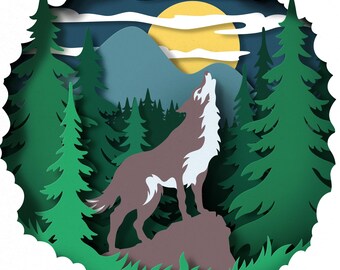 3D Wolf Shadow Box SVG – Layered Papercut Template (Digital Download)