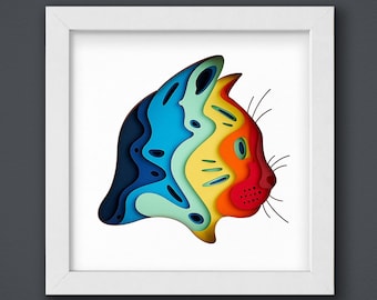 May include: A colorful paper cut-out of a cat's head, with blue, green, yellow, orange, and red layers. The cat is looking to the right.