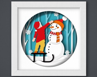 3D雪だるまウィンドウシャドーボックスSVG/冬の窓辺の風景/クリスマス