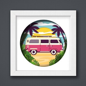 May include: A paper cut-out illustration of a pink vintage van with a surfboard on the roof driving on a beach with palm trees and a yellow sun in the background.
